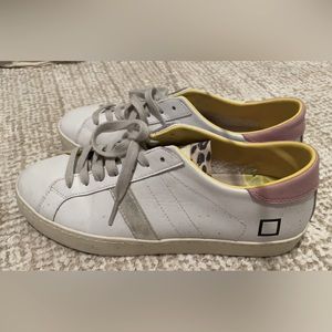 D.A.T.E. Women's White Hill Low Sneaker with Leopard Tongue and Pink Heel